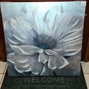 NWT 30x30 Beautiful Silver, Blue, And White Flower With Rhinestone Wall Art